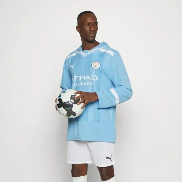 MANCHESTER CITY PUMA Winter Football Jersey Hooded Oversized Sky Blue Size L - Picture 9 of 9
